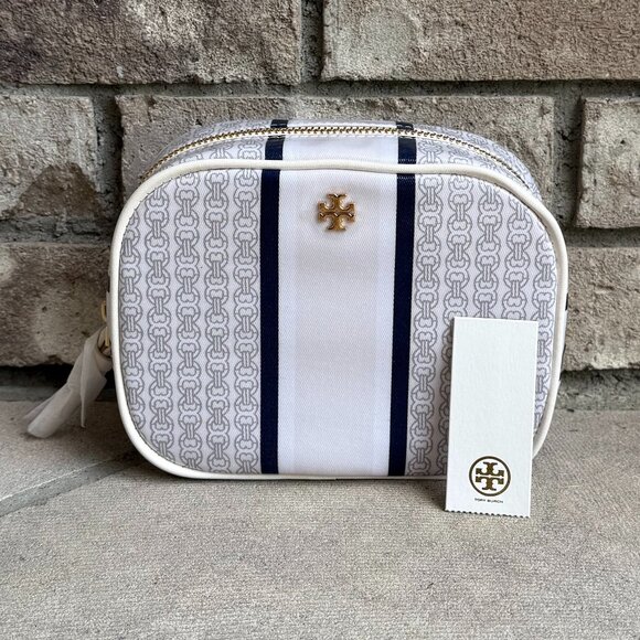 TORY BURCH GEMINI LINK COSMETIC CASE NEW IVORY GEMINI LINK STRIPE 34399 NWT - Picture 1 of 13